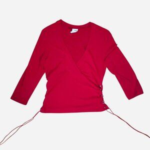 Y2K Sexy Red V-Neck Corset Side Tie 3/4 Quarter Sleeve Long Sleeve Blouse Large